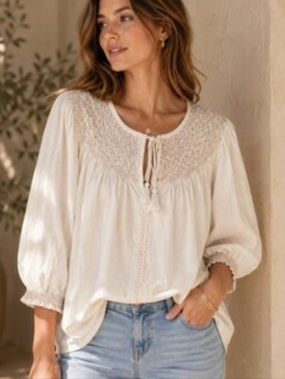 NEW In Package EVEREVE Julietta Smocked Embroidered Boho Cotton Poplin Blouse M